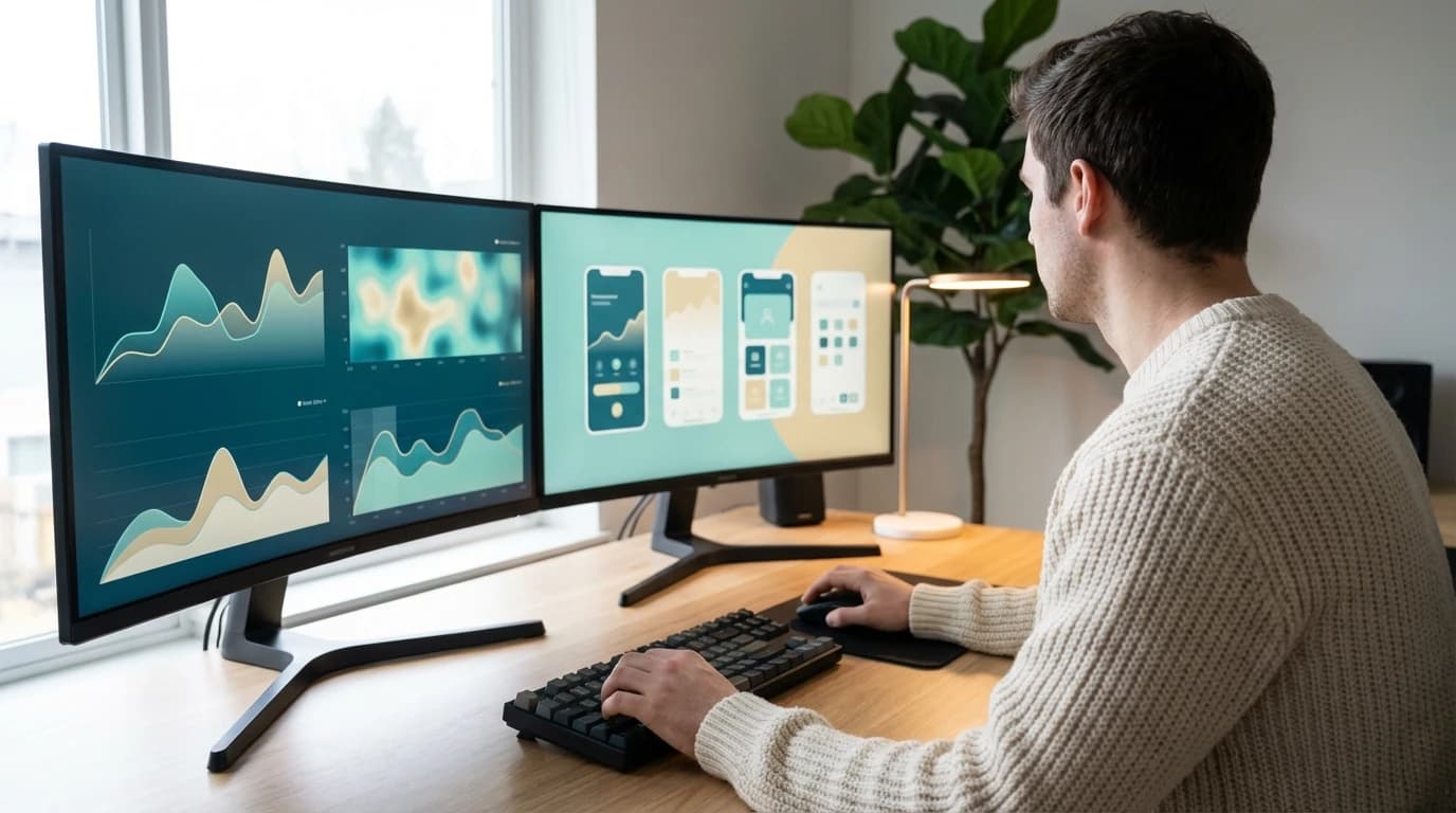 Developer workspace showing App Store Connect and Google Play Console A/B testing dashboards with experiment metrics