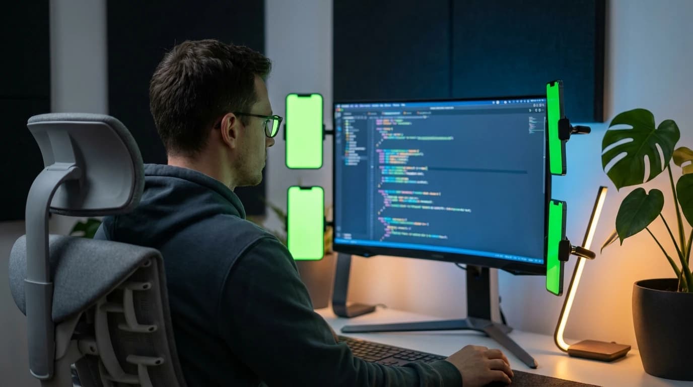 A developer viewing automated app store metadata pipelines across multiple monitors