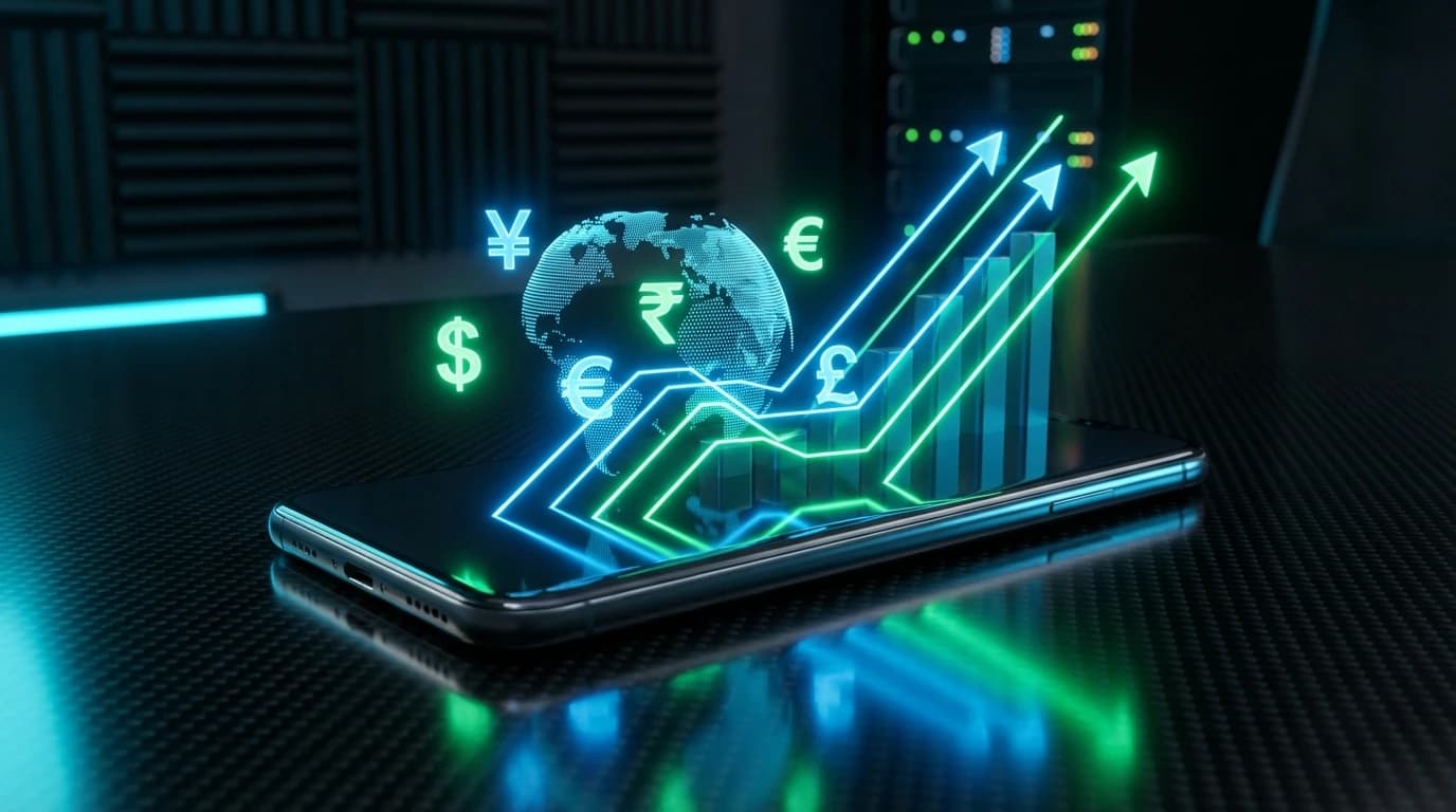 Panel de control que muestra actualizaciones automáticas de precios globales en tiendas de aplicaciones y paridad de divisas en múltiples regiones