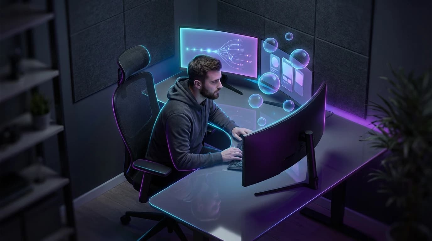 A developer setting up automated release notes for iOS and Android app stores on a multi-monitor setup