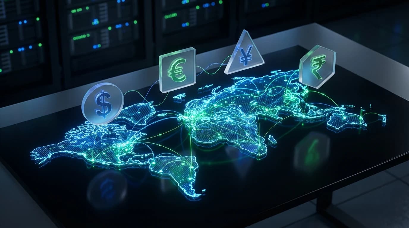 Mapa digital abstracto que muestra cálculos de precios automatizados en diferentes territorios globales
