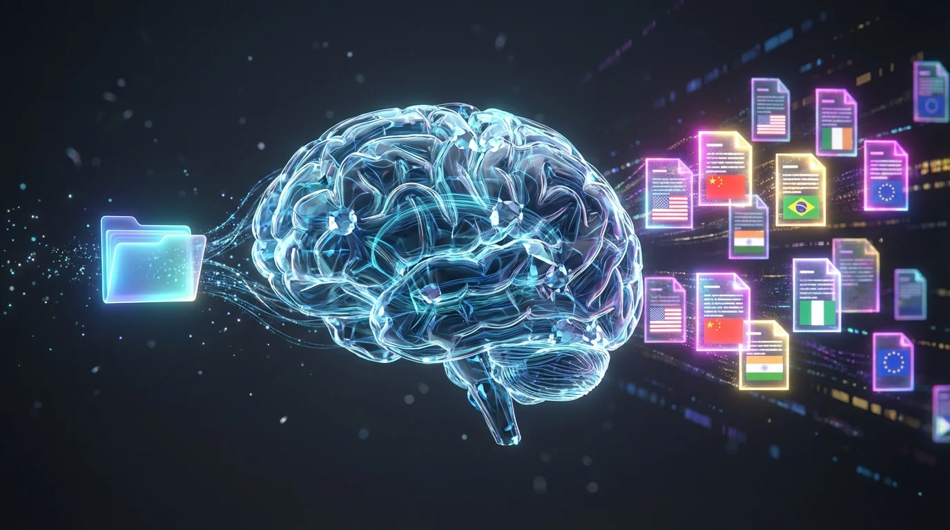 AI translation engine converting base text into multiple localized languages